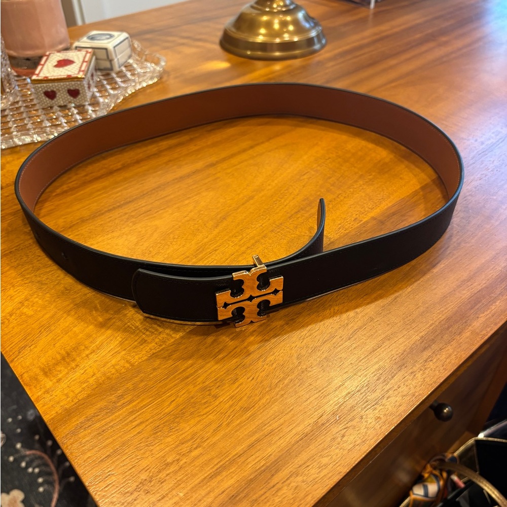 Tory Burch Black and Tan Belt with Gold Emblem